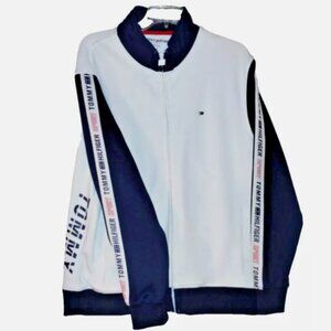 Tommy Hilfiger Mens Sport Full Zip Mock Neck Jacket Size L White Navy Stretch